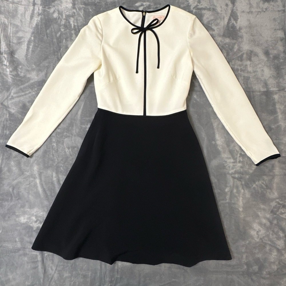 Ted Baker Loozy Neck-Tie Woven Skater Dress Cream Navy Size 1 - UK 8 US 4